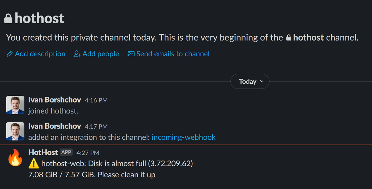 HotHost Slack notification