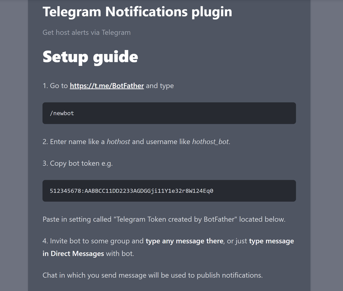 Telegram Notification Plugin setup page in HotHost