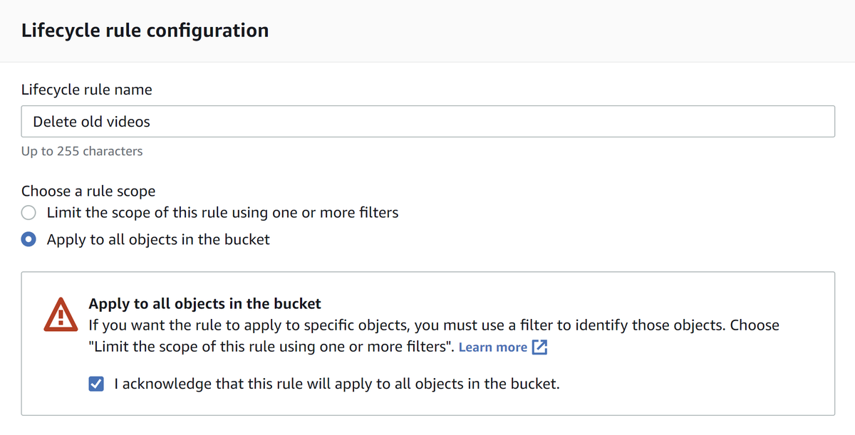 Lifecycle rule setup to delete all files in bucket (we will not store anything apart from recorded videos here)